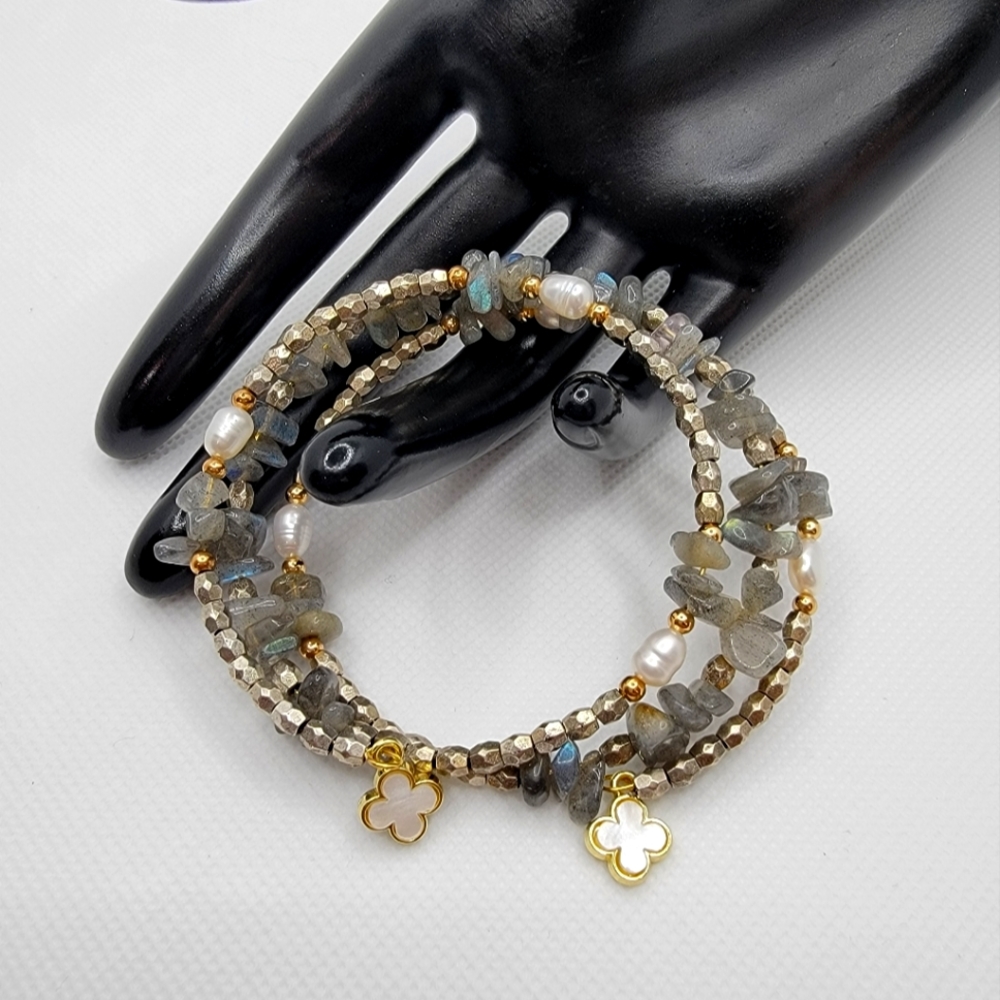 Gold, Labradorite, and Pearl 3 loop Memory Bracelet